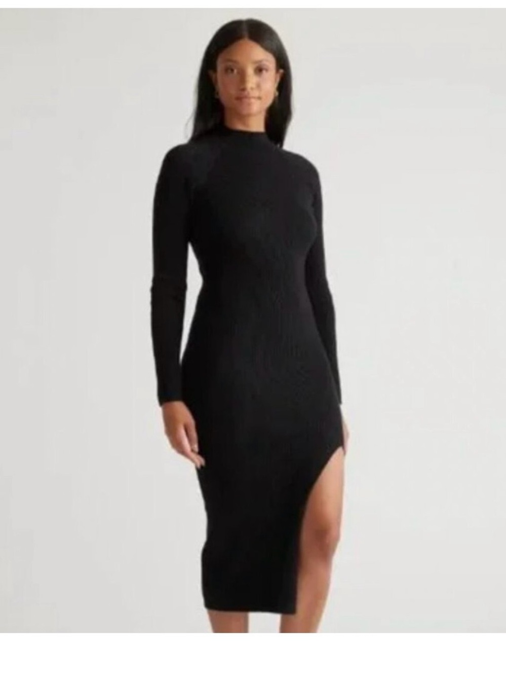 Quince Long Sleeve Black Midi Ribbed Sweater Dress with Side Slit